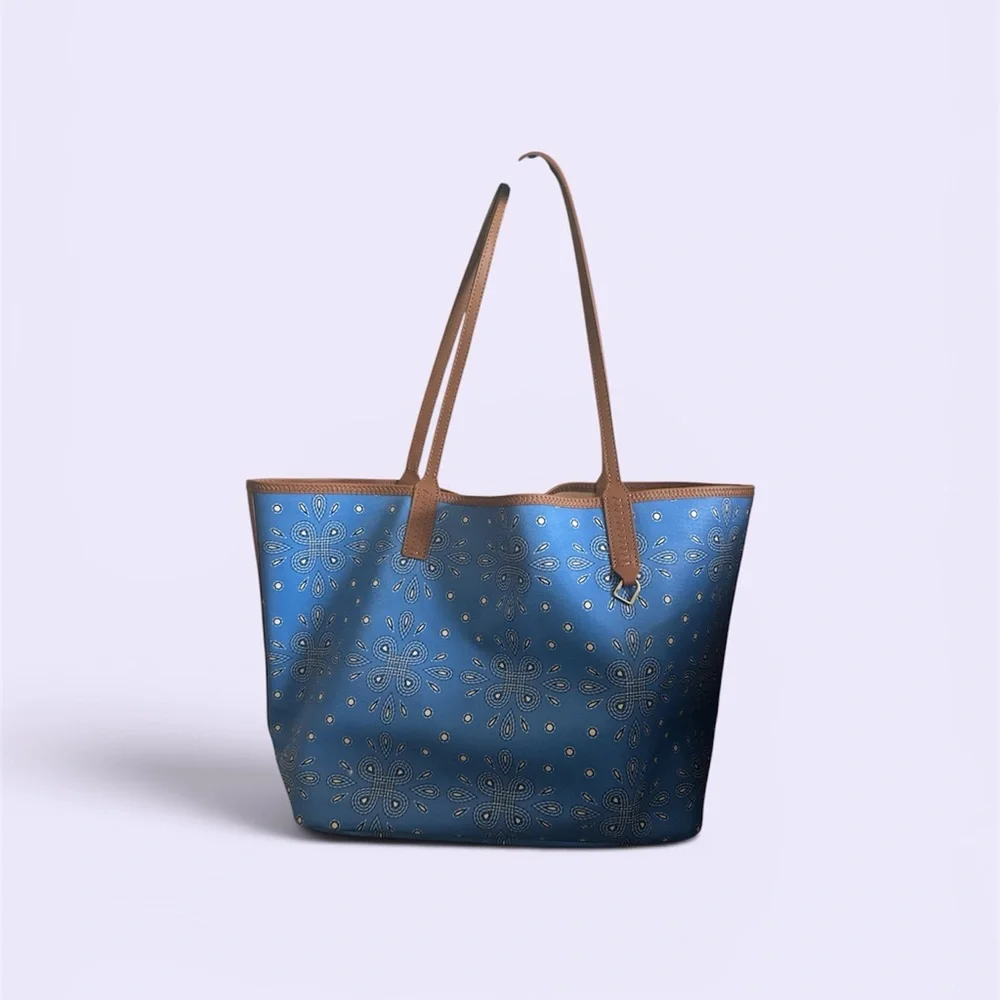 Blue Floral Tote Bag with Brown Straps by HOBO